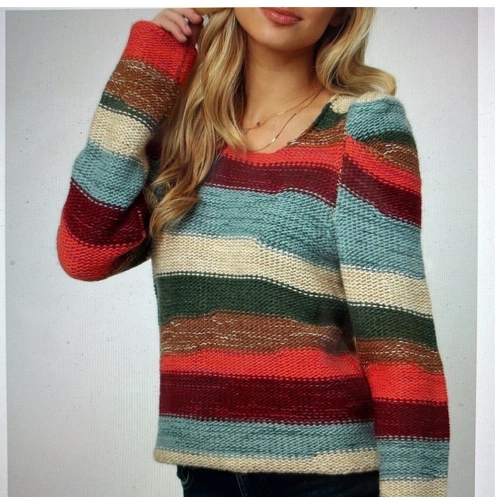 Dear John Women Multicolor Striped Wool Blend Knit Sweater Puffy Sleeve Medium
